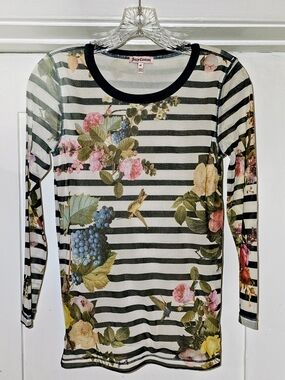Juicy Couture Navy Blue & White Striped Floral Mesh Long-Sleeve Top